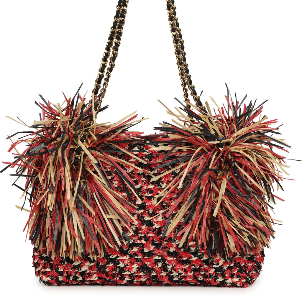 Chanel Small CC Shopping Bag Red, Beige, Black Braided Raffia Gold Hardware