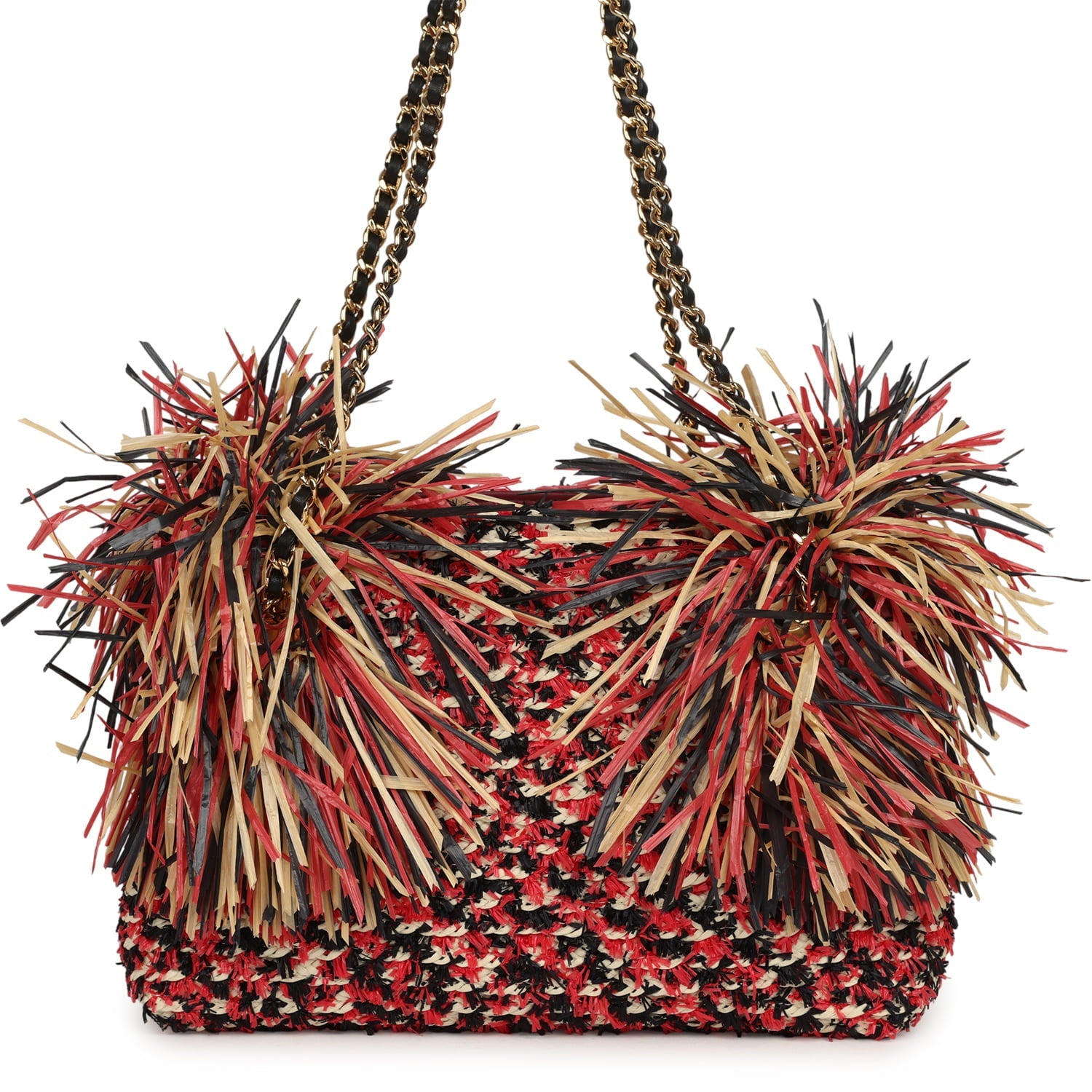 Chanel Small CC Shopping Bag Red, Beige, Black Braided Raffia Gold Hardware