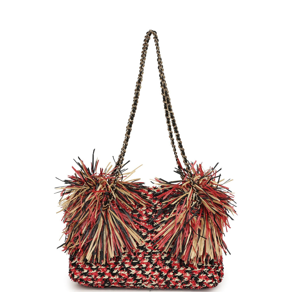 Chanel Small CC Shopping Bag Red, Beige, Black Braided Raffia Gold Hardware