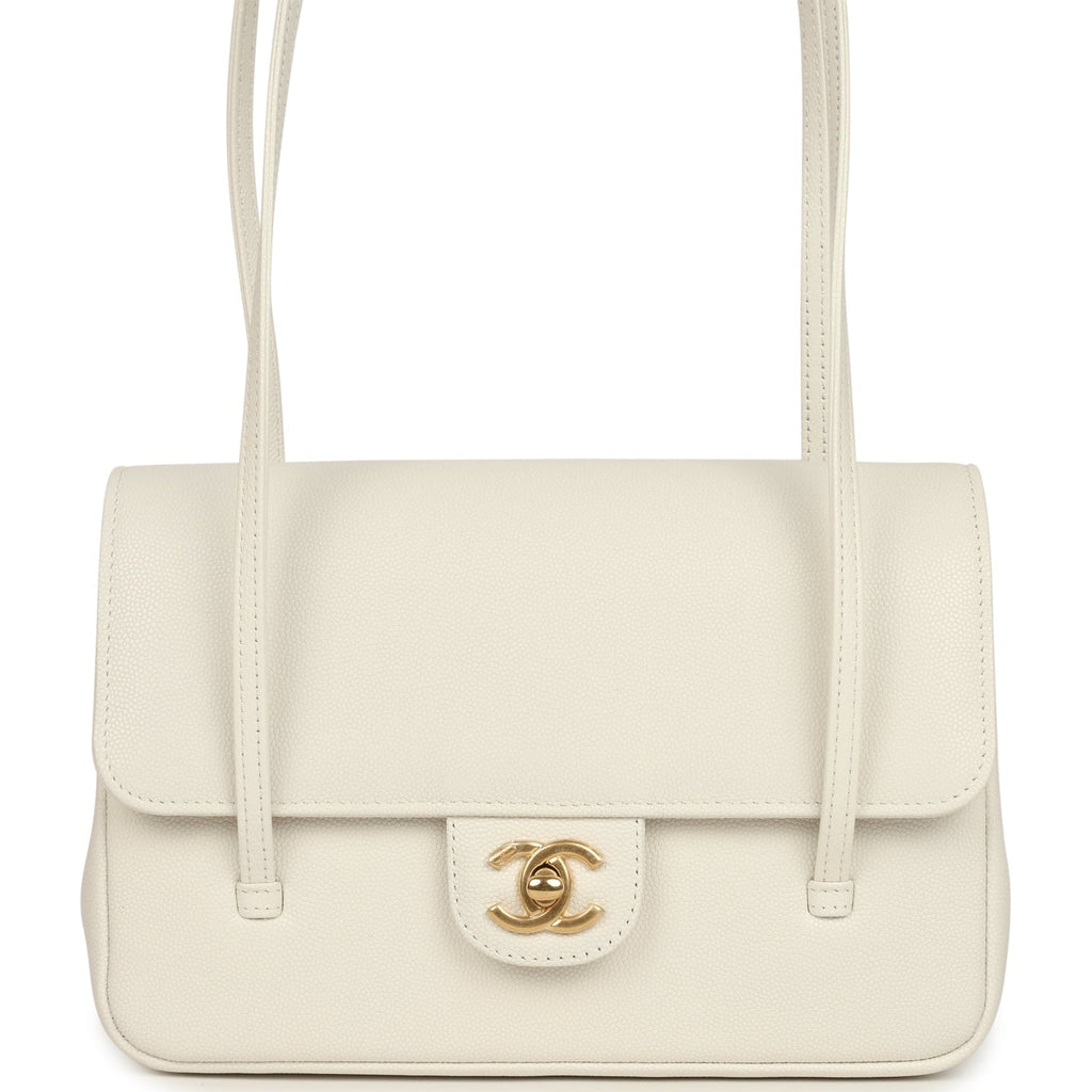Chanel Small Preppy Coco Flap Bag White Shiny Caviar Brushed Gold Hardware
