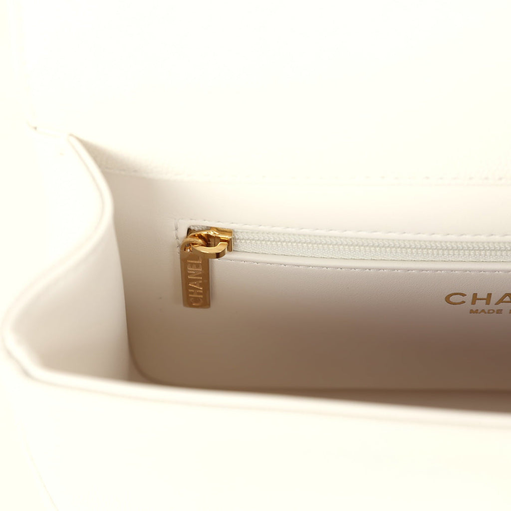 Chanel Small Preppy Coco Flap Bag White Shiny Caviar Brushed Gold Hardware