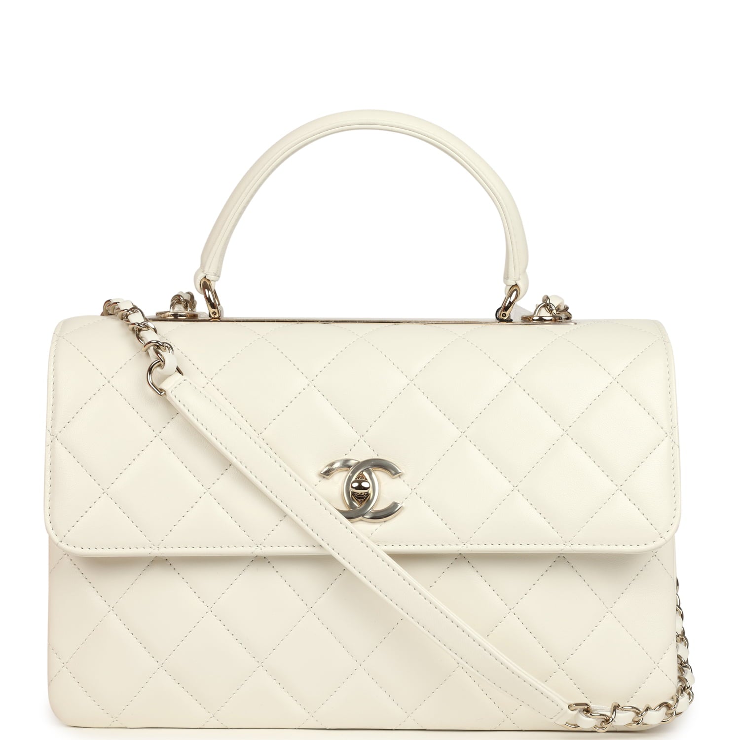 Chanel Large Trendy CC Top Handle Flap Bag White Lambskin Light Gold Hardware