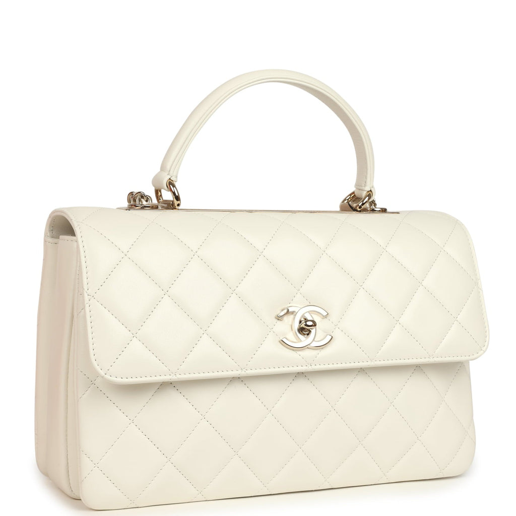 Chanel Large Trendy CC Top Handle Flap Bag White Lambskin Light Gold Hardware