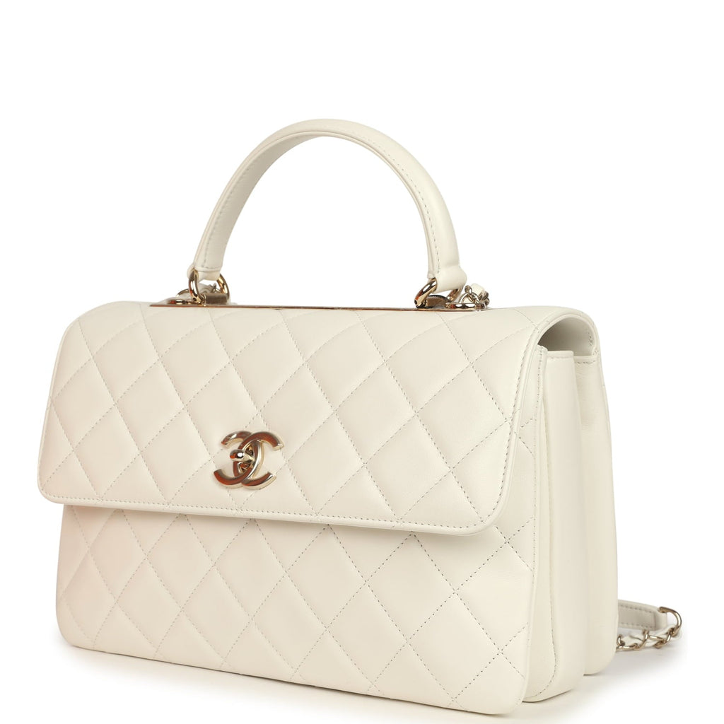 Chanel Large Trendy CC Top Handle Flap Bag White Lambskin Light Gold Hardware