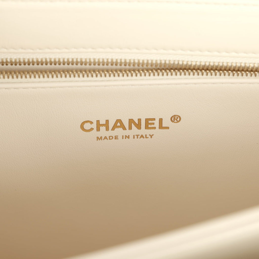Chanel Large Trendy CC Top Handle Flap Bag White Lambskin Light Gold Hardware