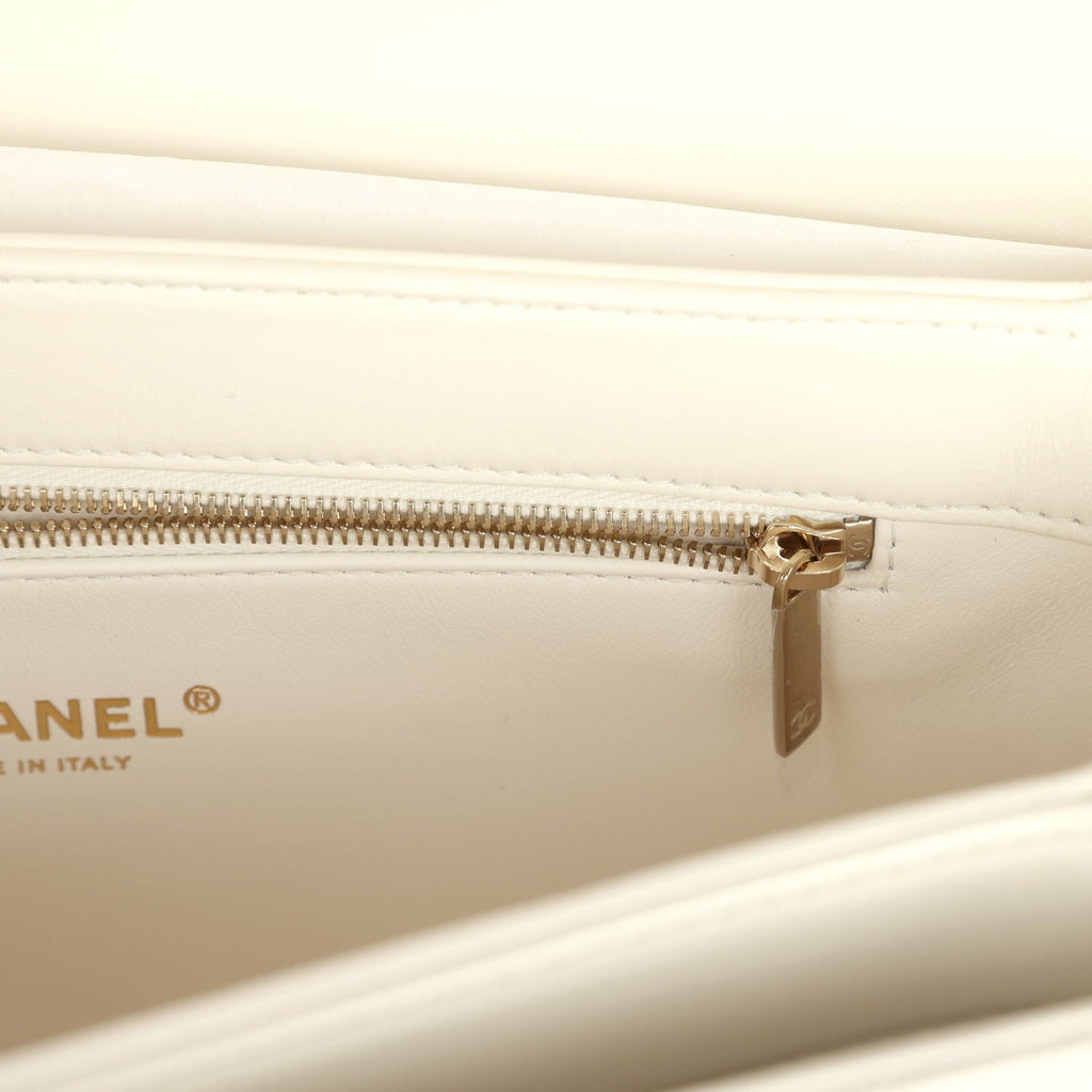 Chanel Large Trendy CC Top Handle Flap Bag White Lambskin Light Gold Hardware