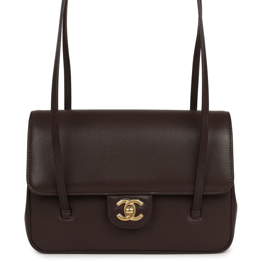 Chanel Small Preppy Coco Flap Bag Dark Brown Shiny Caviar Brushed Gold Hardware