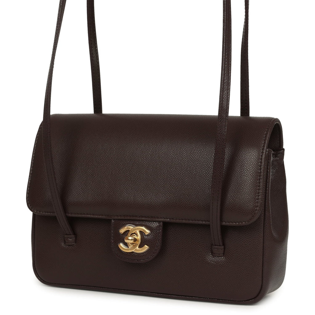Chanel Small Preppy Coco Flap Bag Dark Brown Shiny Caviar Brushed Gold Hardware
