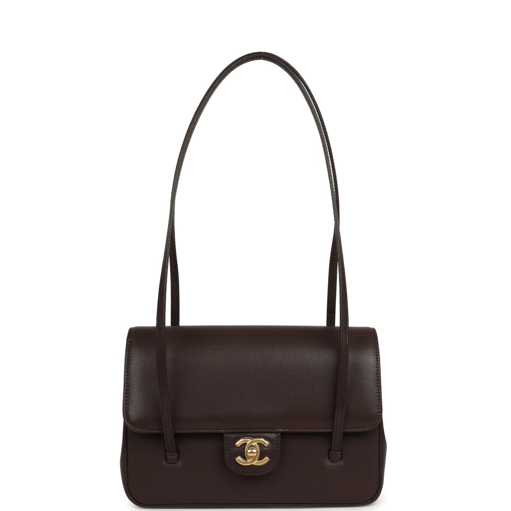 Chanel Small Preppy Coco Flap Bag Dark Brown Shiny Caviar Brushed Gold Hardware