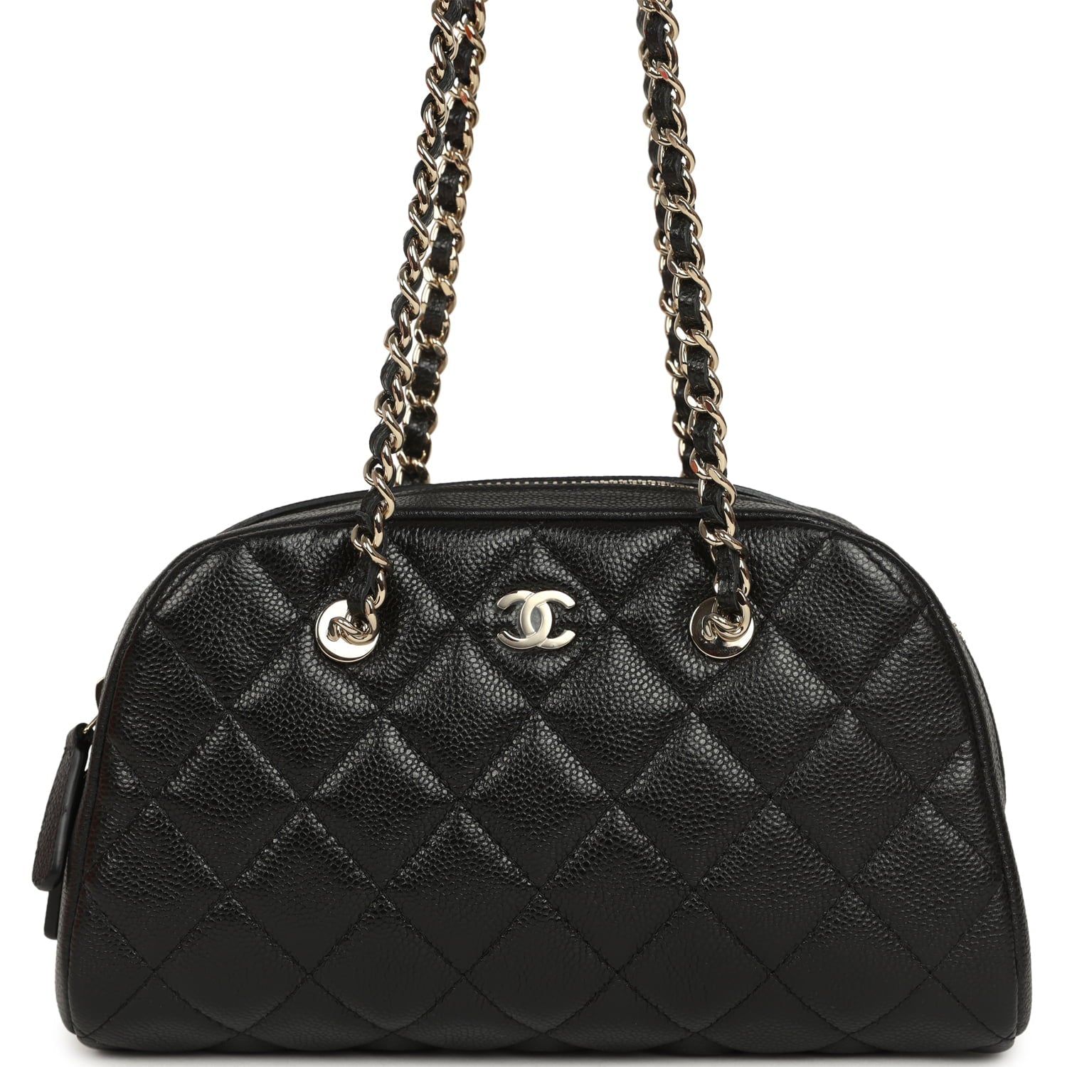 Chanel Mini Bowling Clutch with Chain Straps Black Shiny Caviar Light Gold Hardware