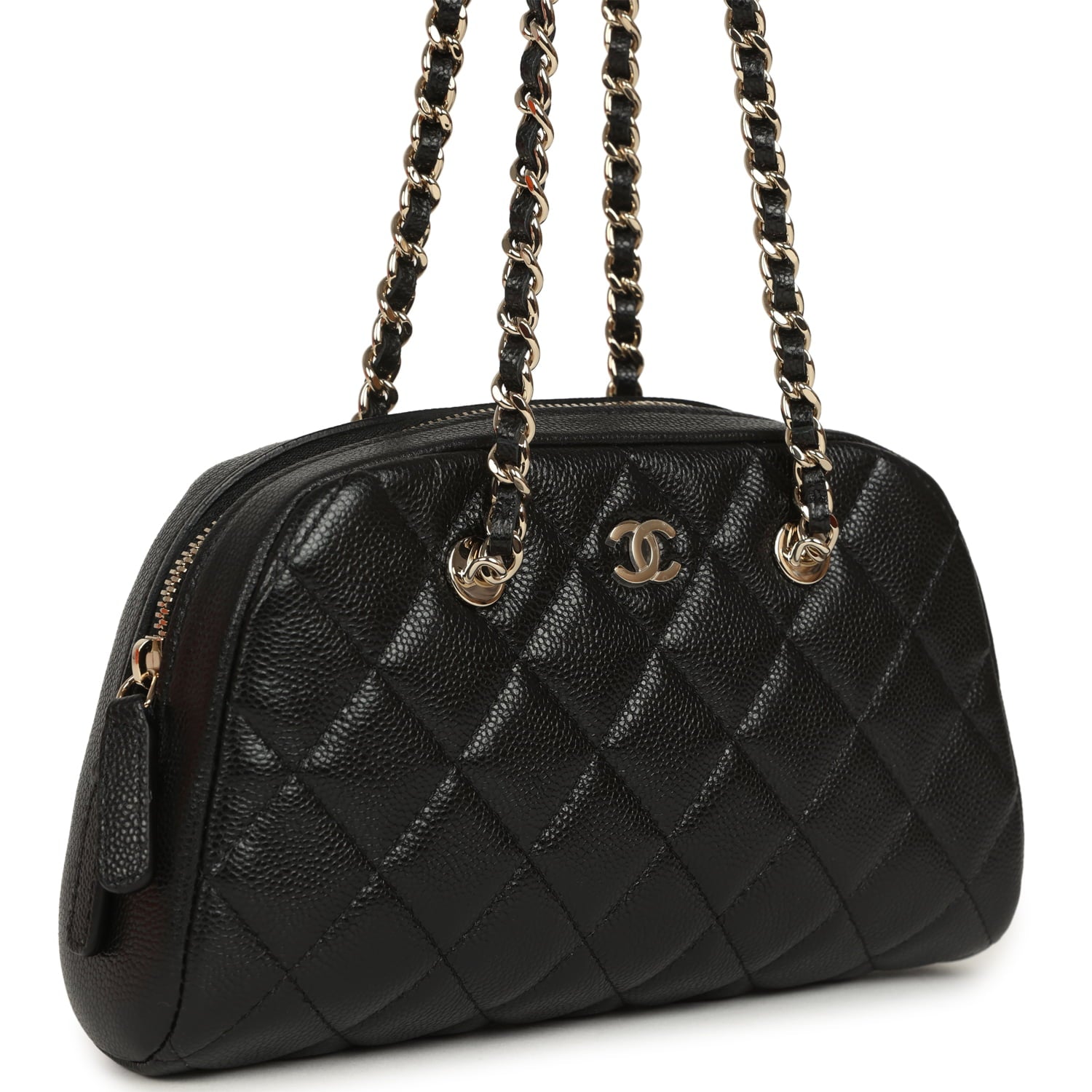 Chanel Mini Bowling Clutch with Chain Straps Black Shiny Caviar Light Gold Hardware