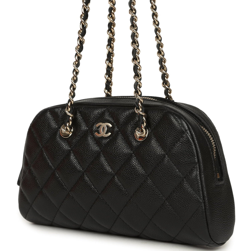Chanel Mini Bowling Clutch with Chain Straps Black Shiny Caviar Light Gold Hardware
