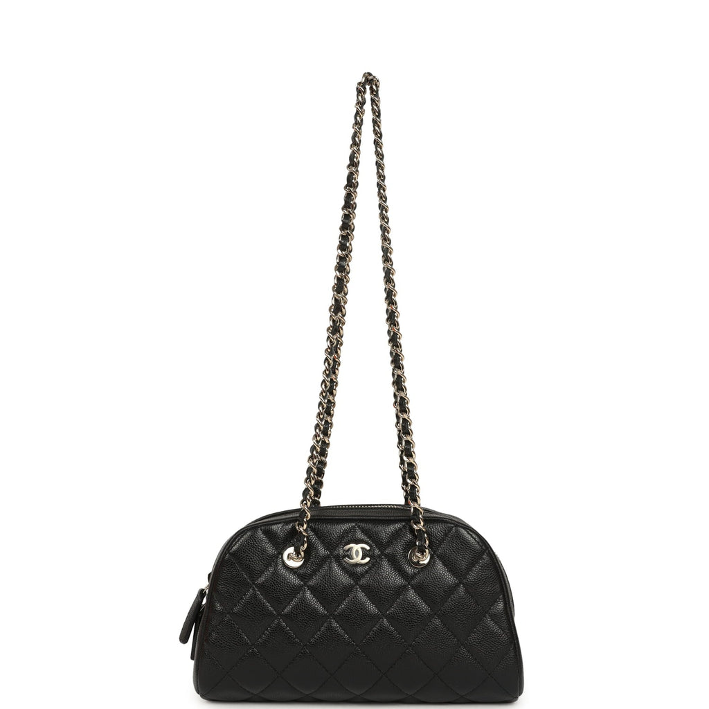 Chanel Mini Bowling Clutch with Chain Straps Black Shiny Caviar Light Gold Hardware