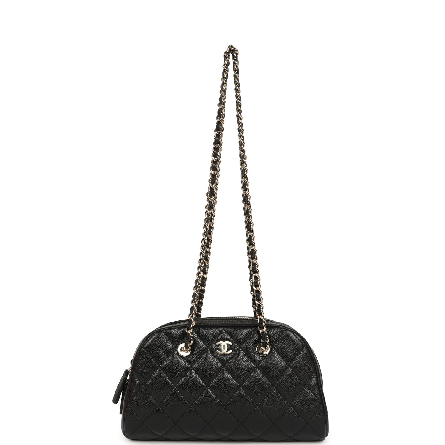 Chanel Mini Bowling Clutch with Chain Straps Black Shiny Caviar Light Gold Hardware