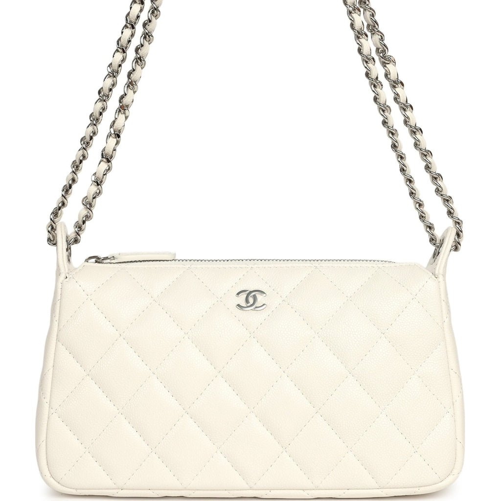 Chanel Small Quilted Clutch Bag with Chain Strap White Caviar Silver Hardware
