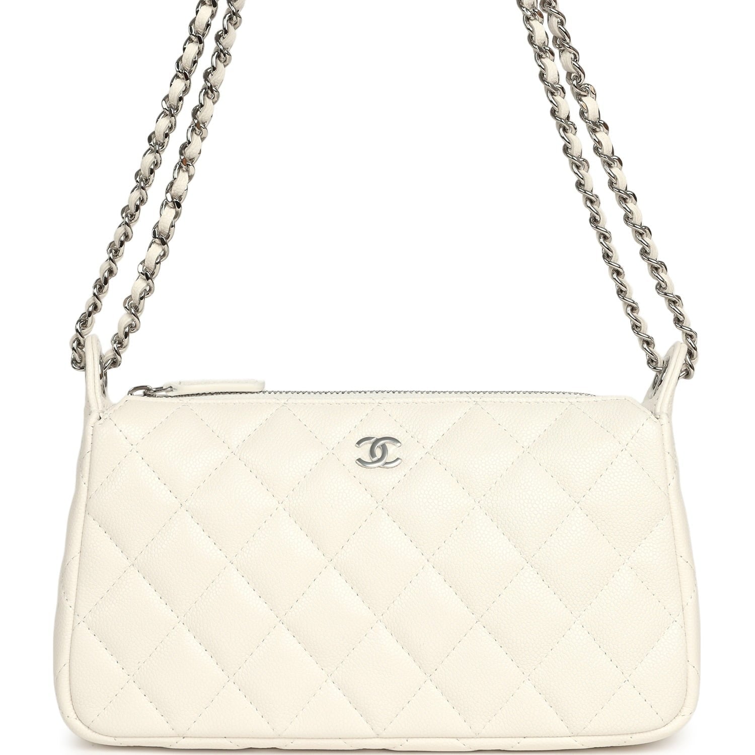Chanel Small Quilted Clutch Bag with Chain Strap White Caviar Silver Hardware