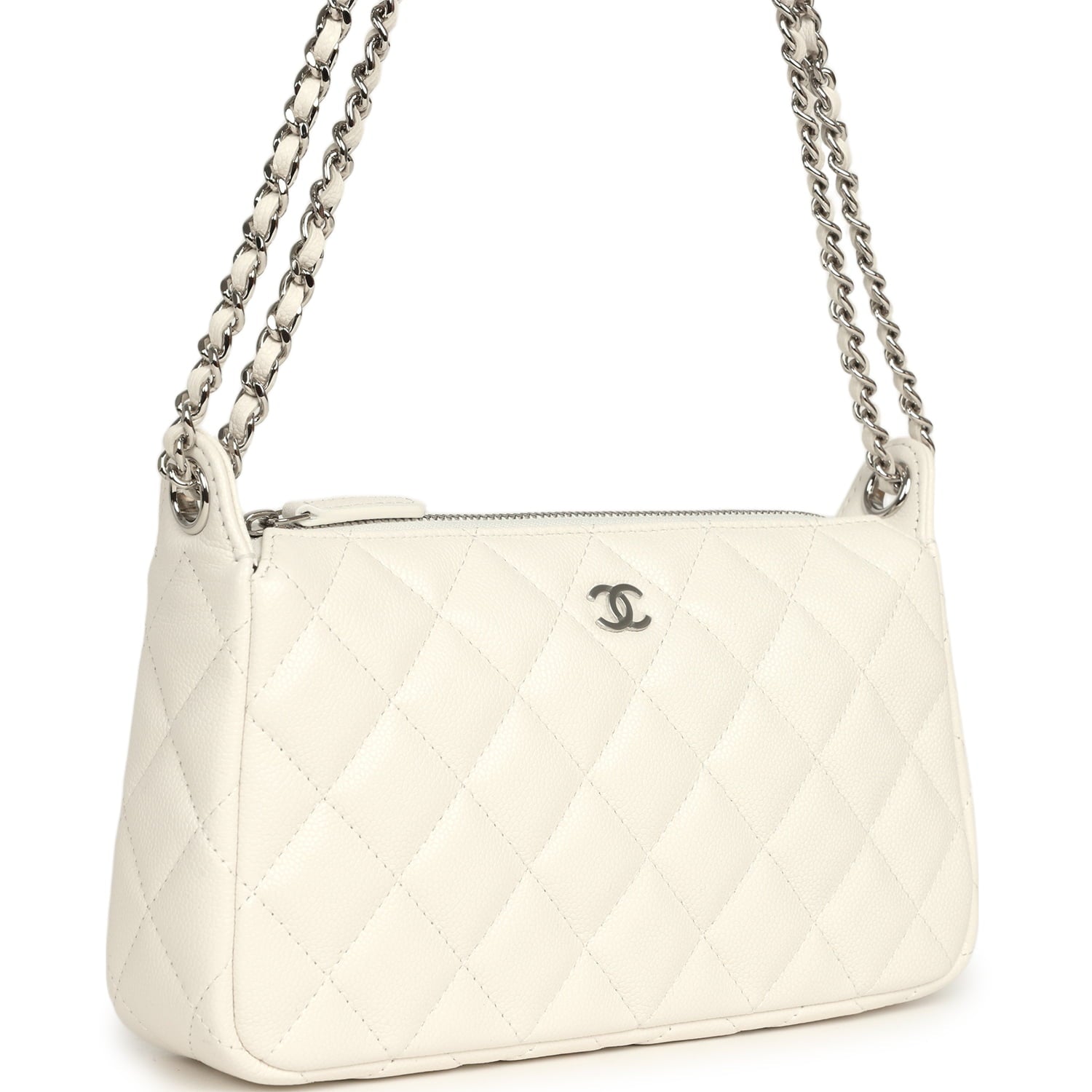 Chanel Small Quilted Clutch Bag with Chain Strap White Caviar Silver Hardware