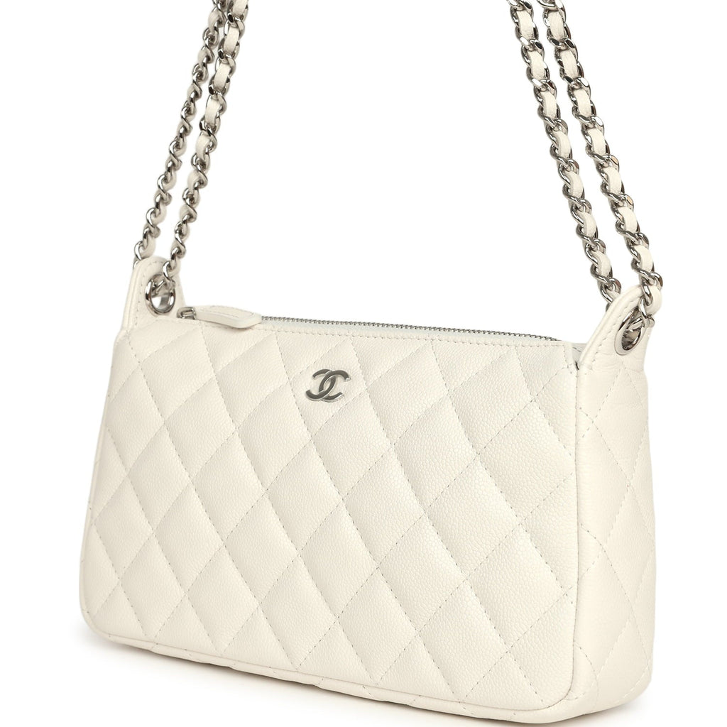 Chanel Small Quilted Clutch Bag with Chain Strap White Caviar Silver Hardware