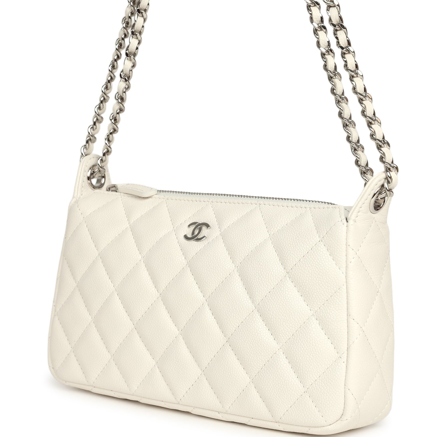 Chanel Small Quilted Clutch Bag with Chain Strap White Caviar Silver Hardware