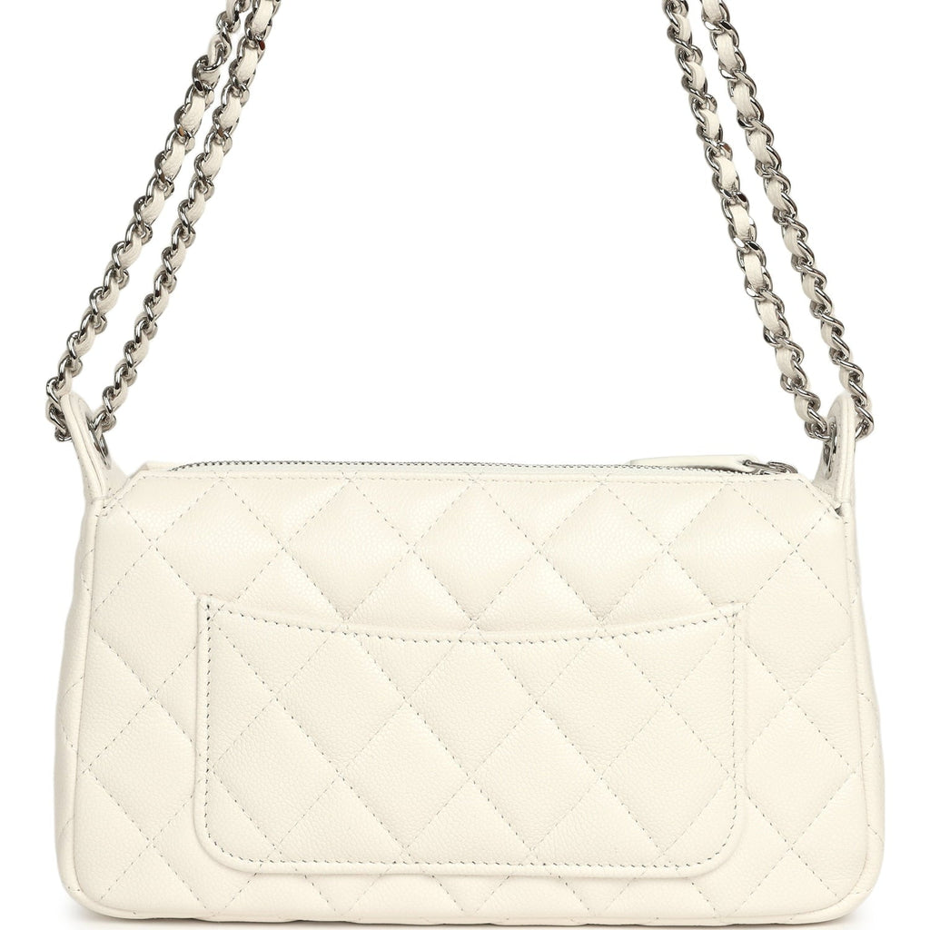 Chanel Small Quilted Clutch Bag with Chain Strap White Caviar Silver Hardware