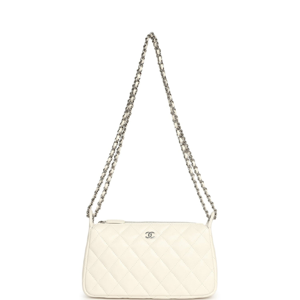 Chanel Small Quilted Clutch Bag with Chain Strap White Caviar Silver Hardware