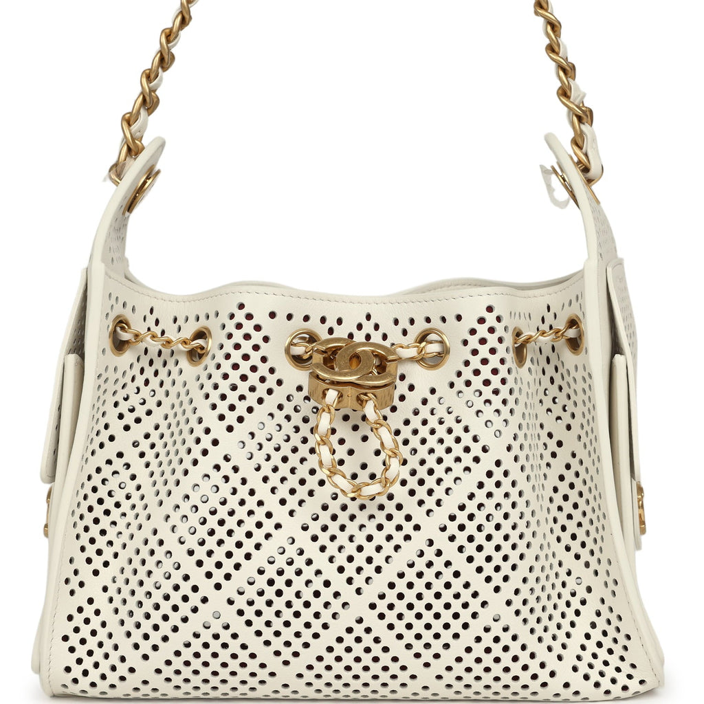 Chanel Mini 25 Hobo Bag White Perforated Calfskin Antique Gold Hardware