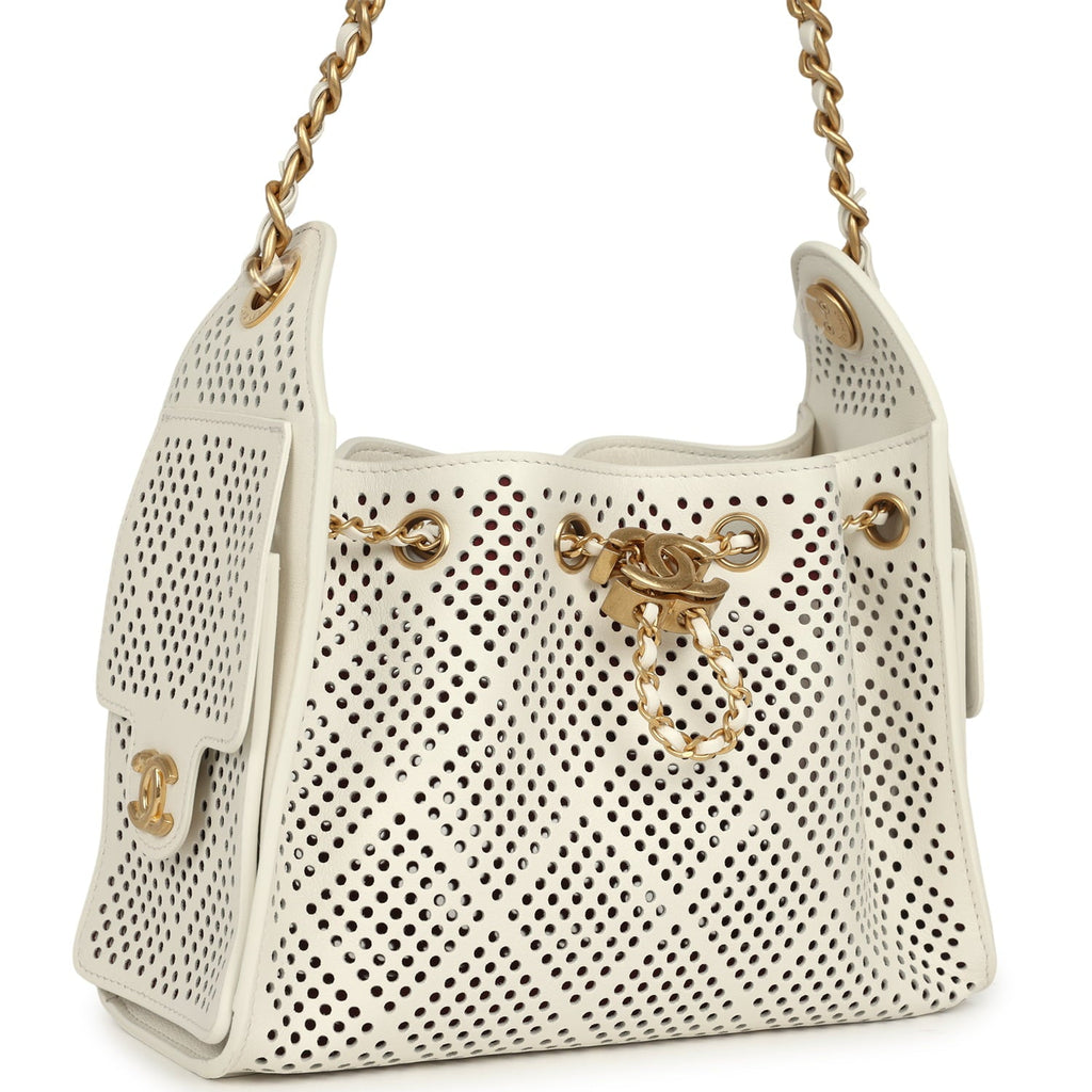 Chanel Mini 25 Hobo Bag White Perforated Calfskin Antique Gold Hardware