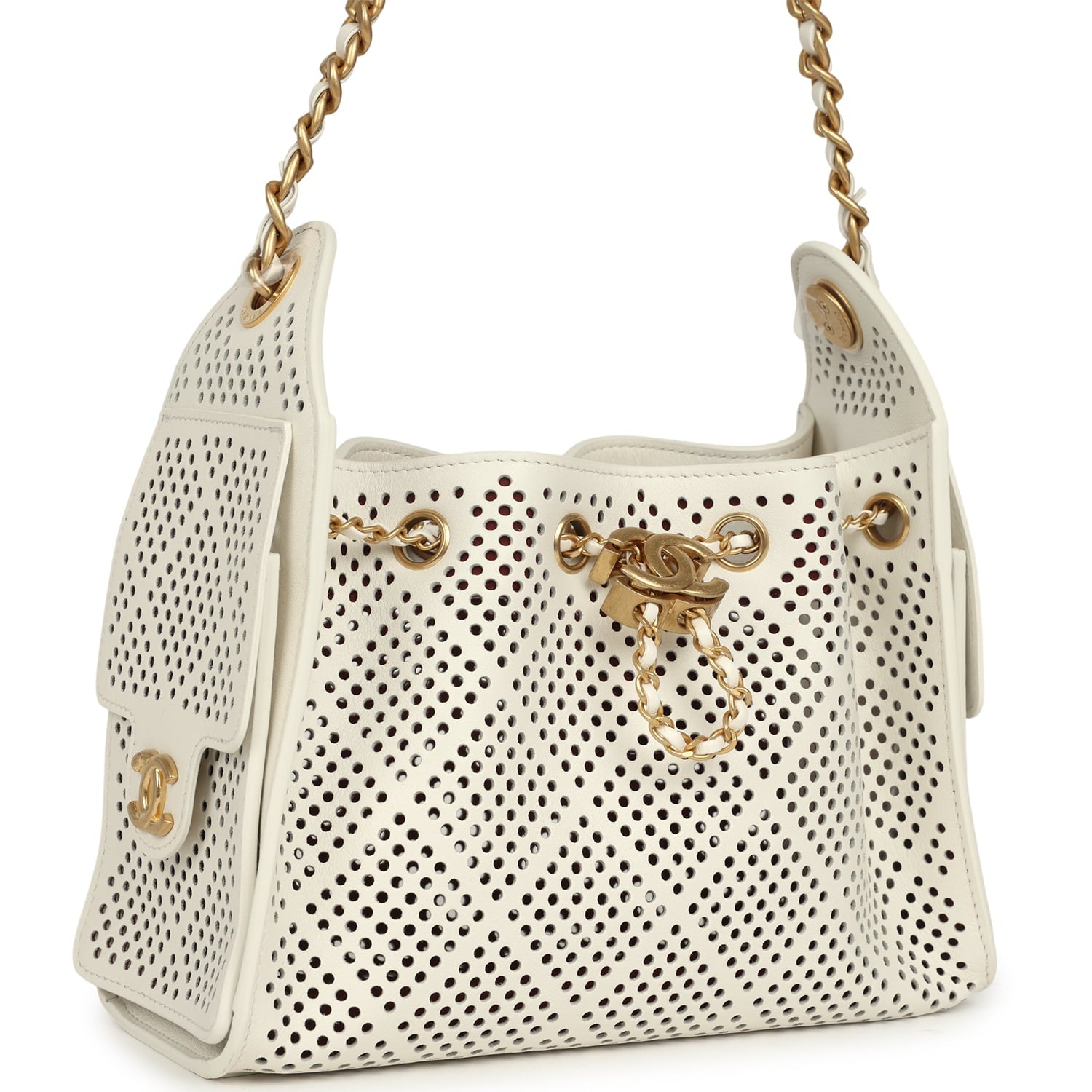 Chanel Mini 25 Hobo Bag White Perforated Calfskin Antique Gold Hardware