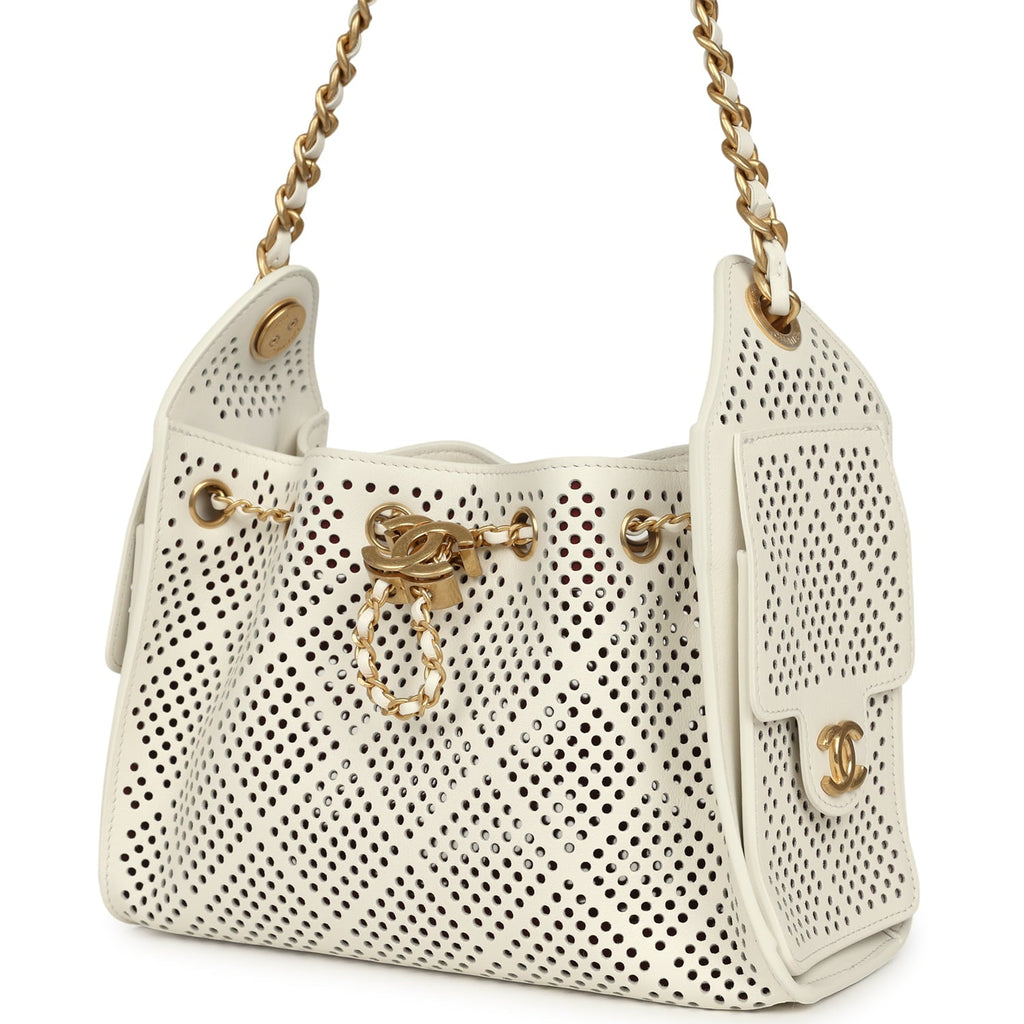 Chanel Mini 25 Hobo Bag White Perforated Calfskin Antique Gold Hardware