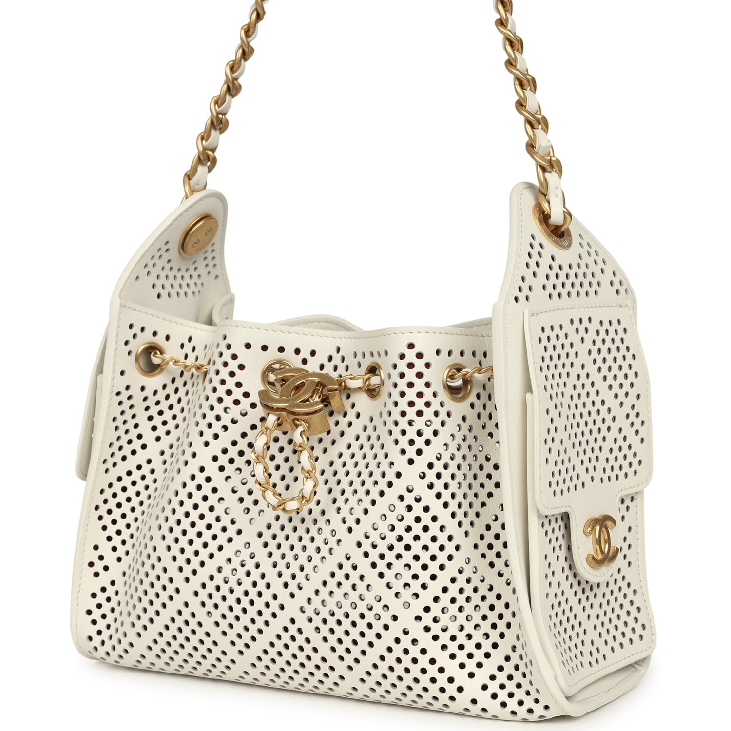 Chanel Mini 25 Hobo Bag White Perforated Calfskin Antique Gold Hardware