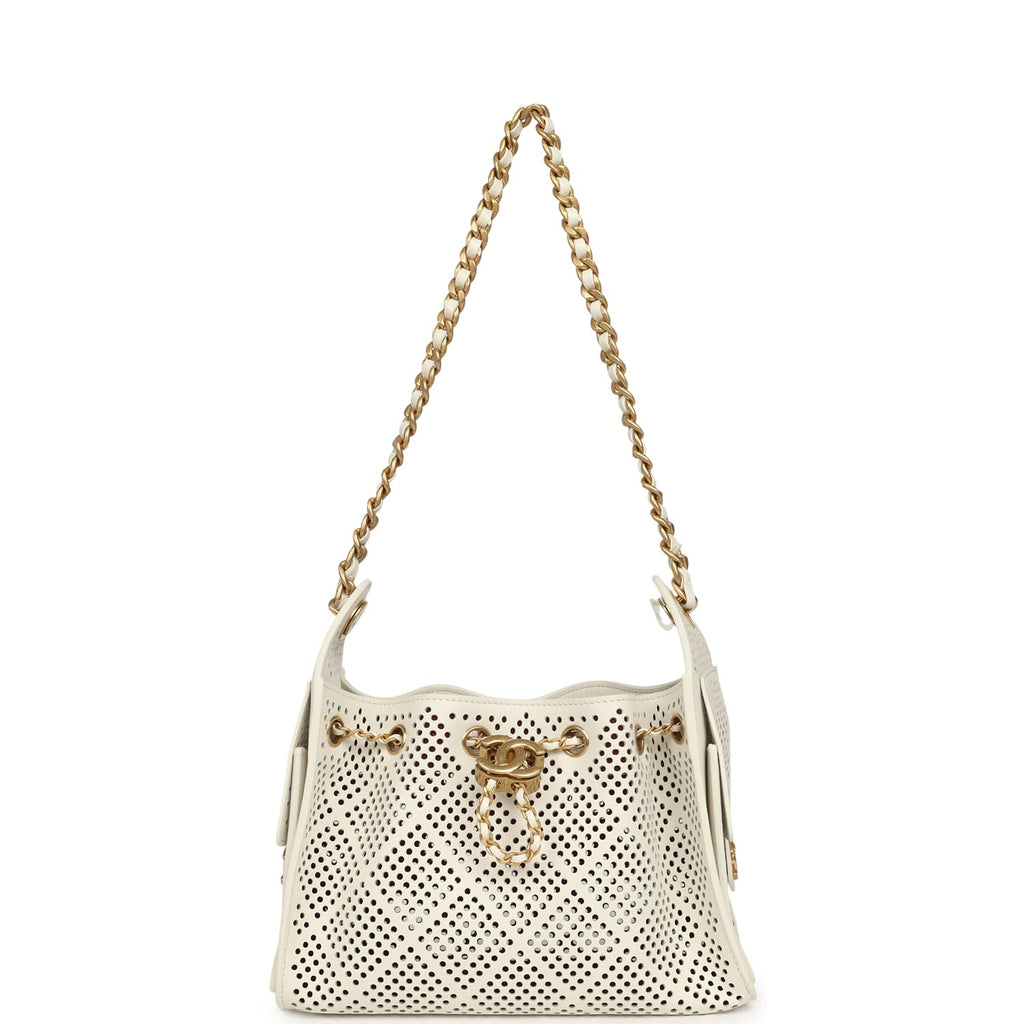 Chanel Mini 25 Hobo Bag White Perforated Calfskin Antique Gold Hardware