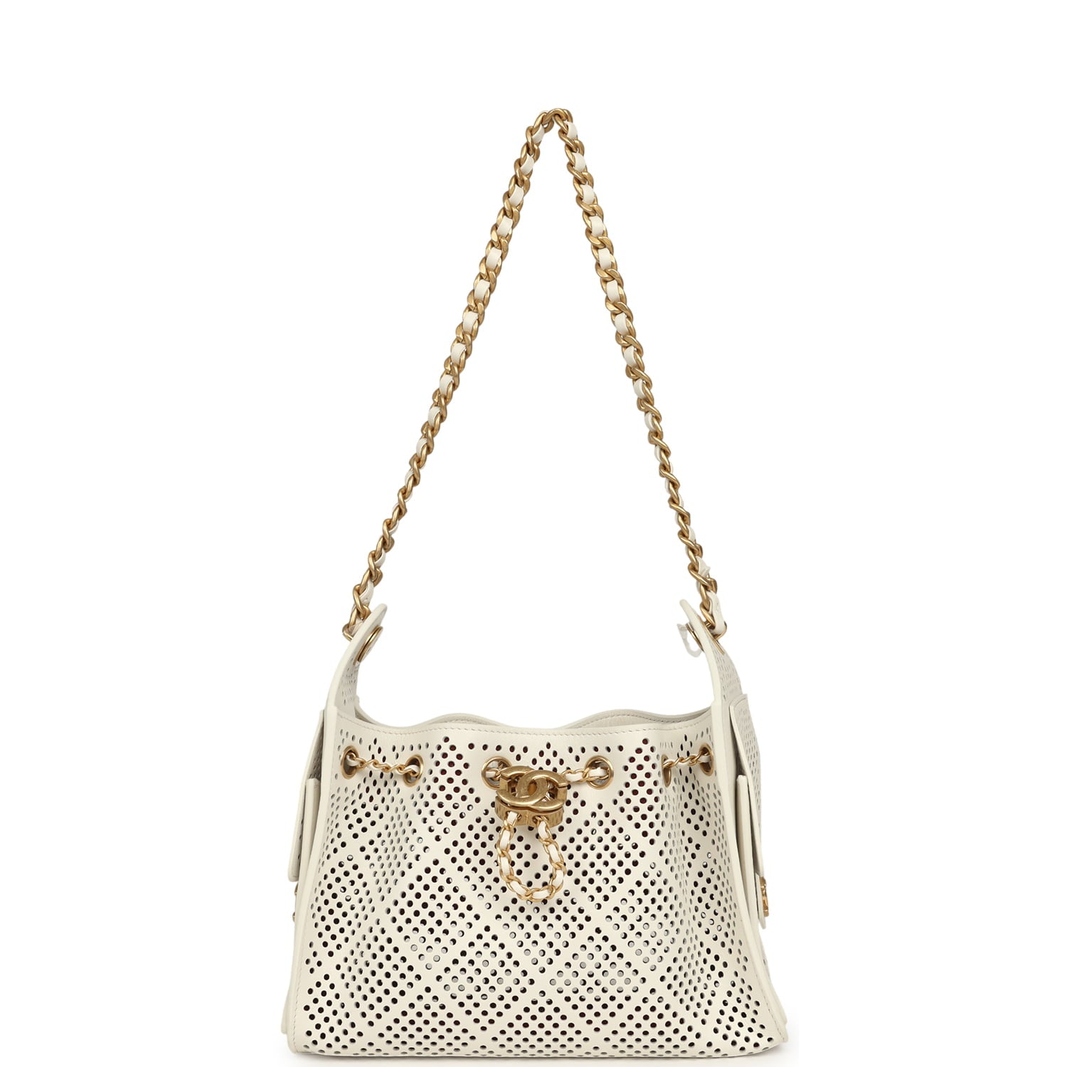 Chanel Mini 25 Hobo Bag White Perforated Calfskin Antique Gold Hardware