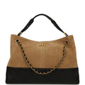 Chanel Large Coco Base Hobo Bag Brown Suede and Black Shiny Lambskin Brushed Gold Hardware