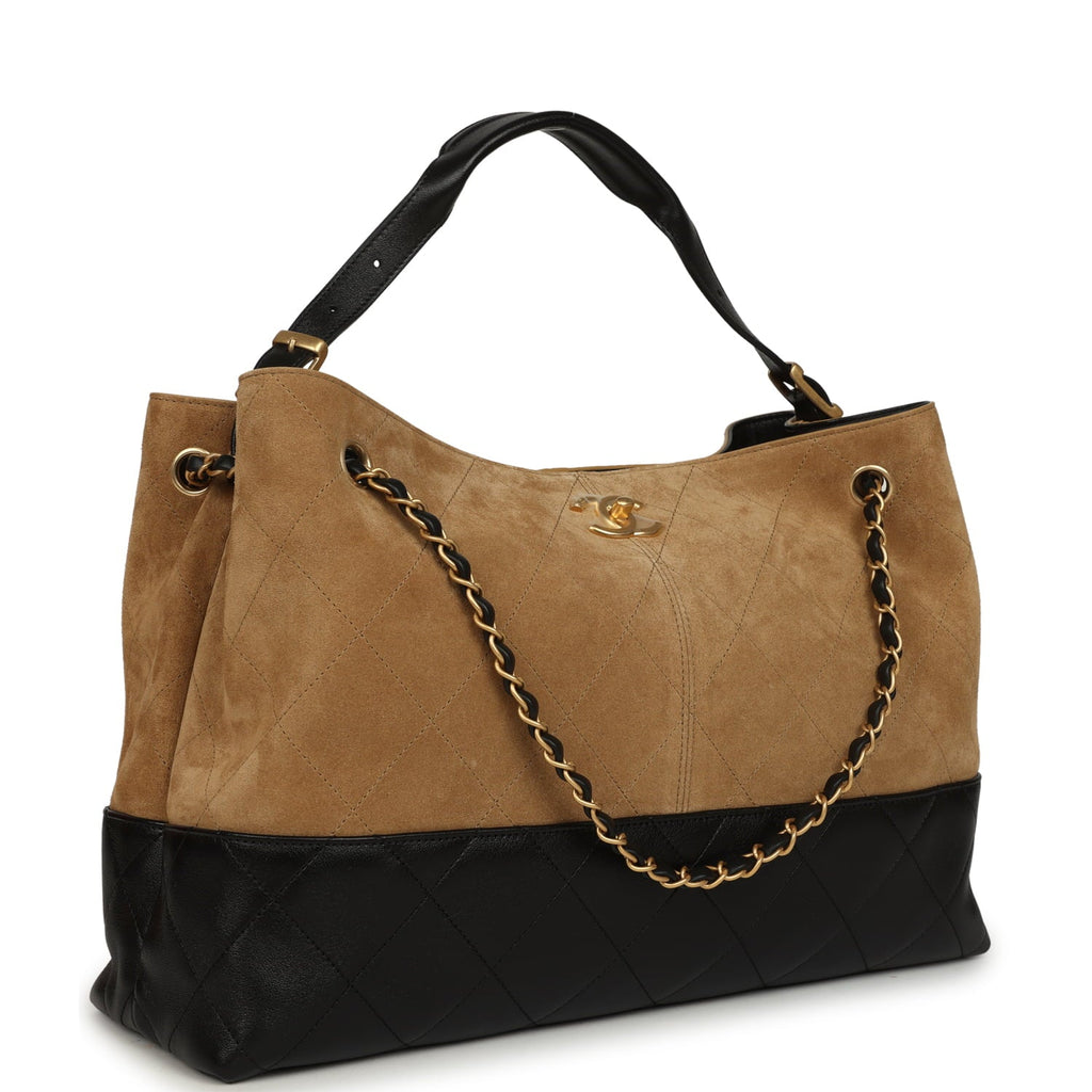 Chanel Large Coco Base Hobo Bag Brown Suede and Black Shiny Lambskin Brushed Gold Hardware