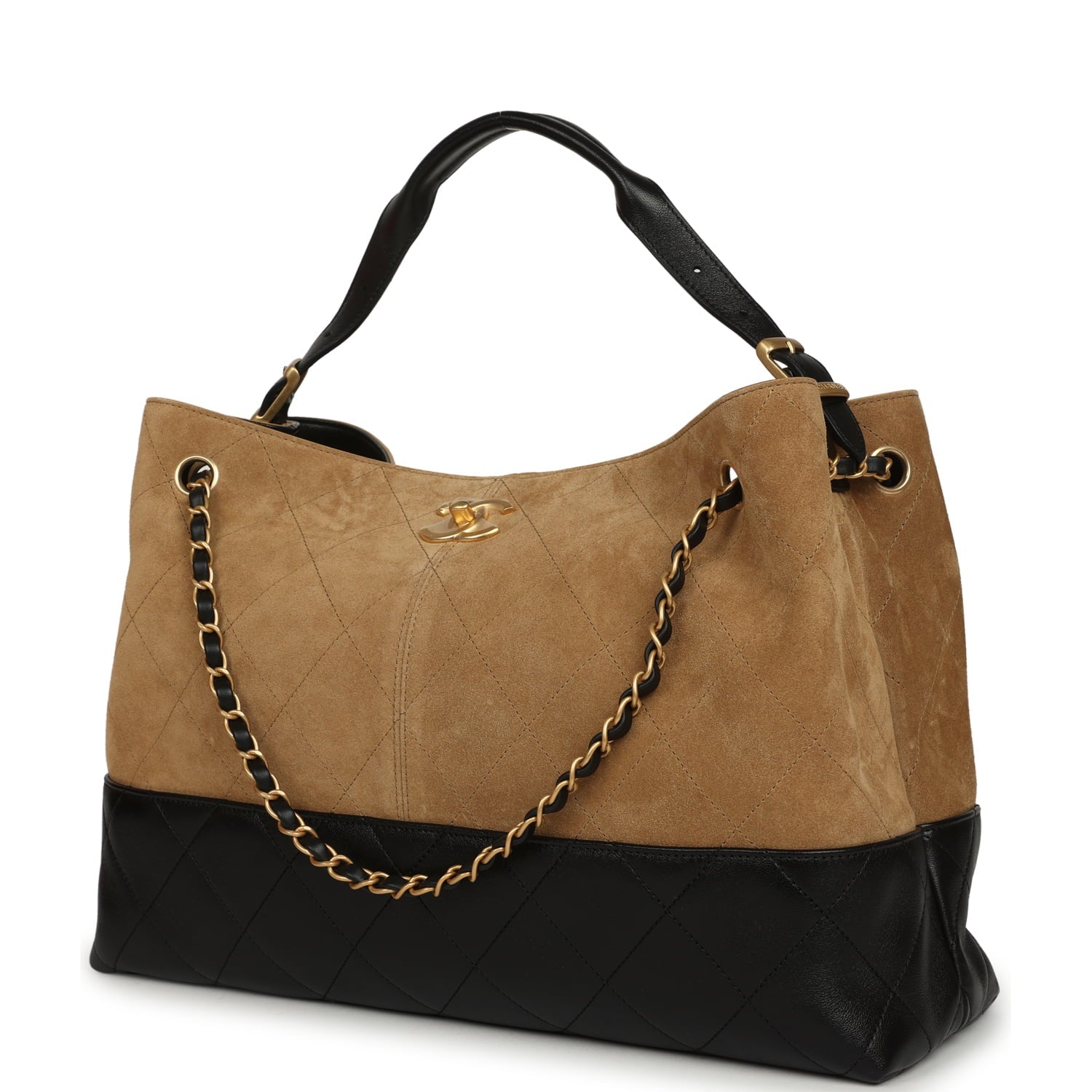 Chanel Large Coco Base Hobo Bag Brown Suede and Black Shiny Lambskin Brushed Gold Hardware