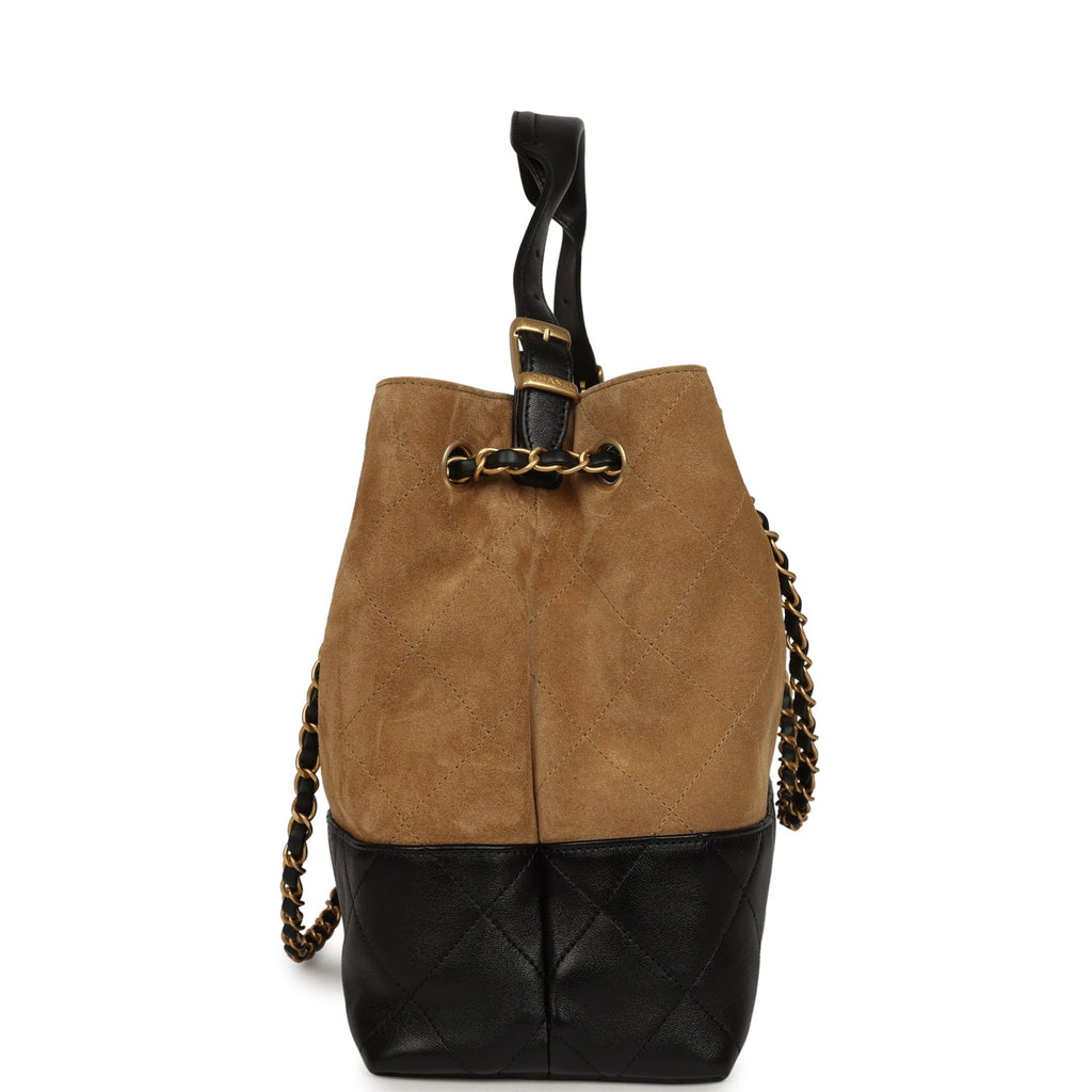 Chanel Large Coco Base Hobo Bag Brown Suede and Black Shiny Lambskin Brushed Gold Hardware
