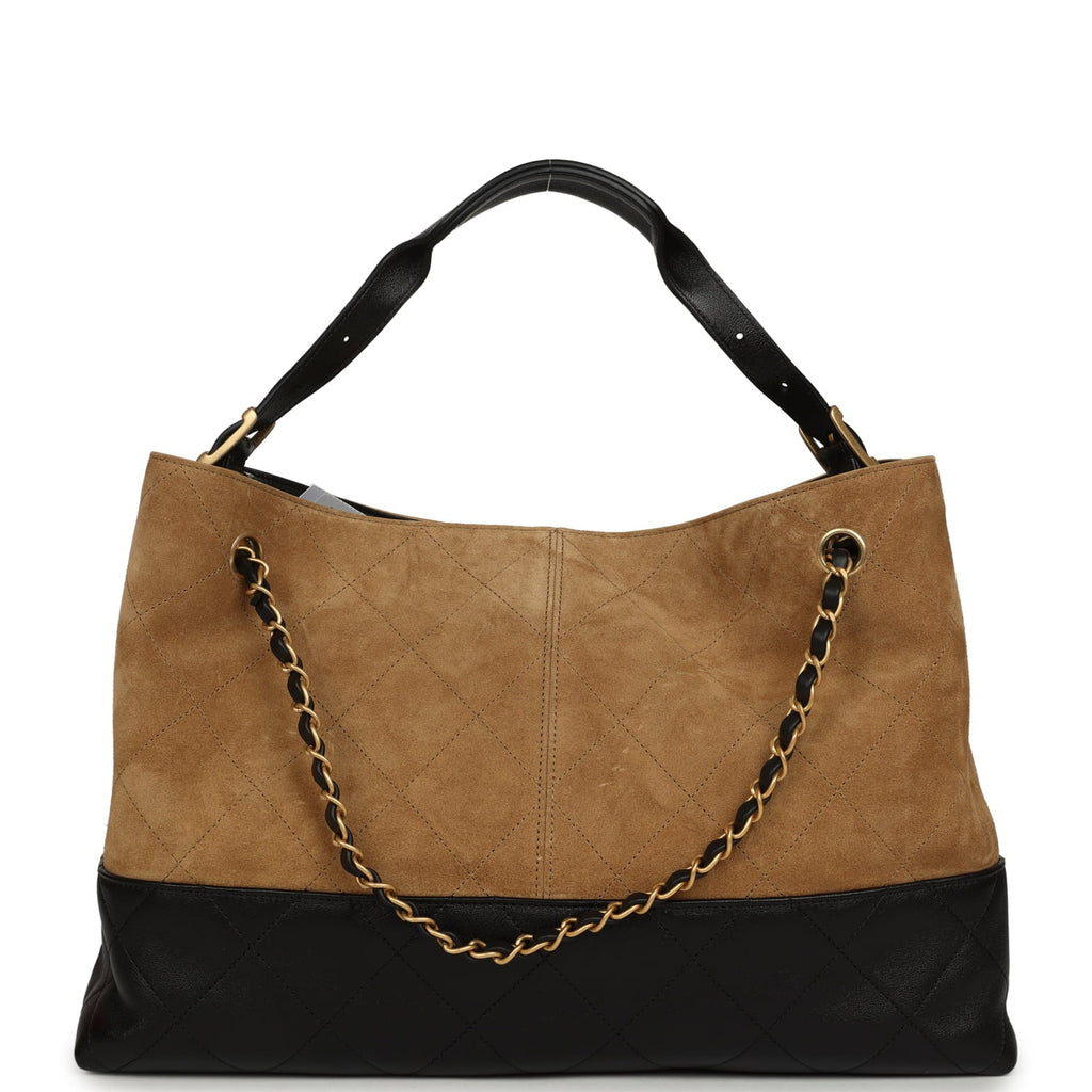 Chanel Large Coco Base Hobo Bag Brown Suede and Black Shiny Lambskin Brushed Gold Hardware