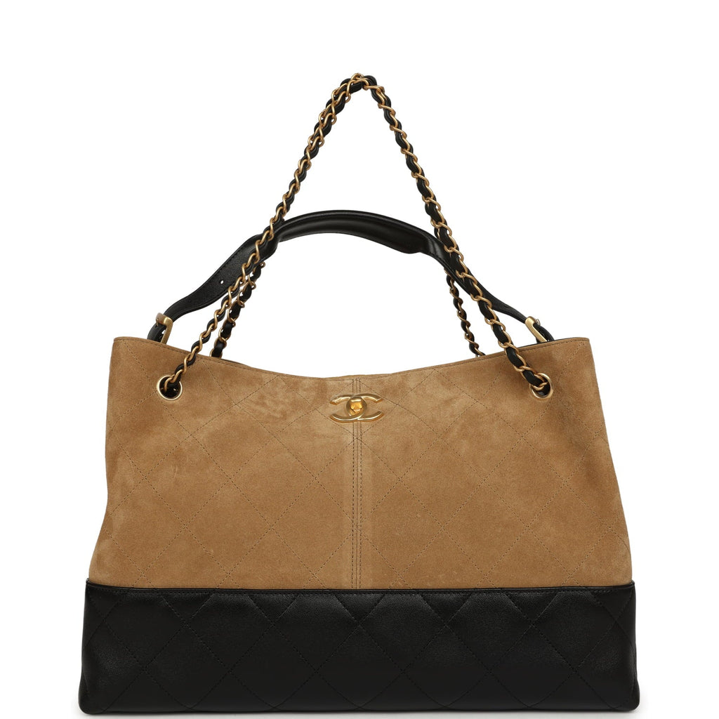 Chanel Large Coco Base Hobo Bag Brown Suede and Black Shiny Lambskin Brushed Gold Hardware