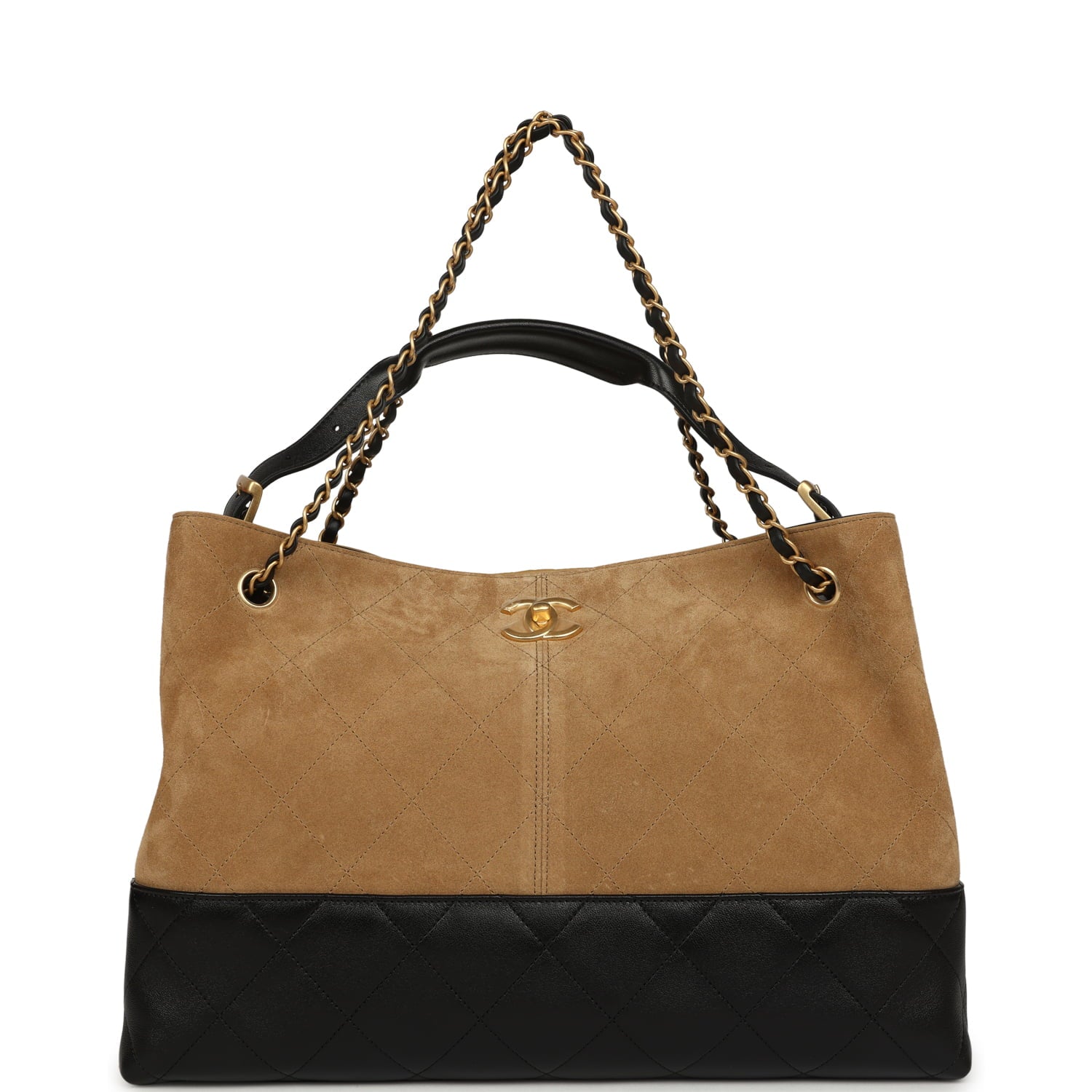 Chanel Large Coco Base Hobo Bag Brown Suede and Black Shiny Lambskin Brushed Gold Hardware