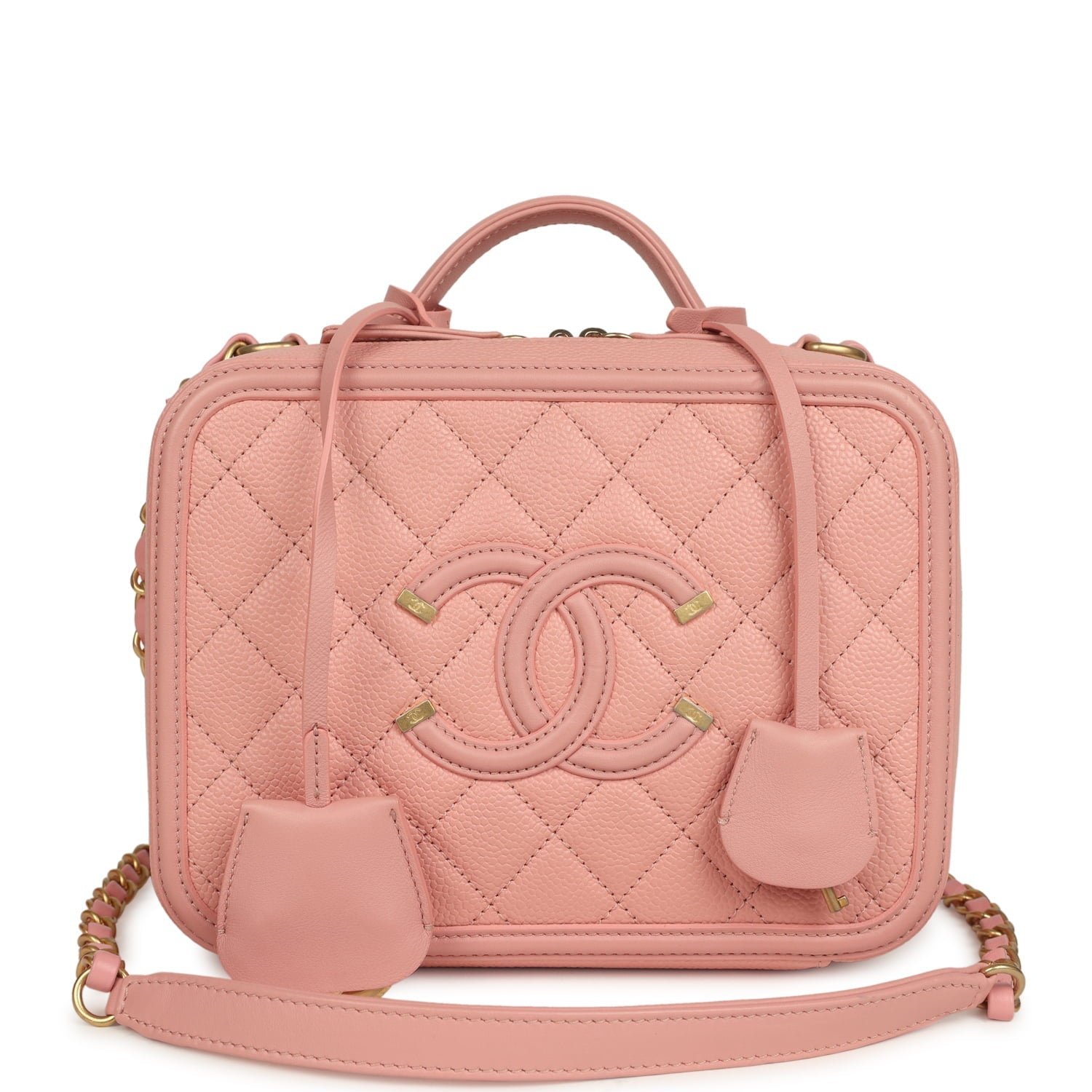 Chanel Medium CC Filigree Vanity Case Pink Caviar Brushed Gold Hardware