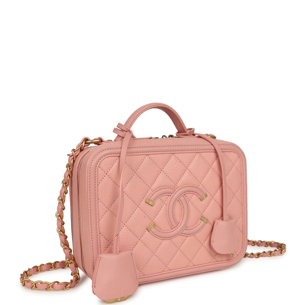 Chanel Medium CC Filigree Vanity Case Pink Caviar Brushed Gold Hardware