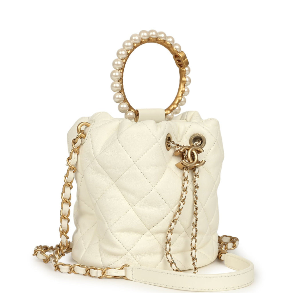 Chanel Mini Pearl Top Handle Bucket Bag White Calfskin Antique Gold Hardware