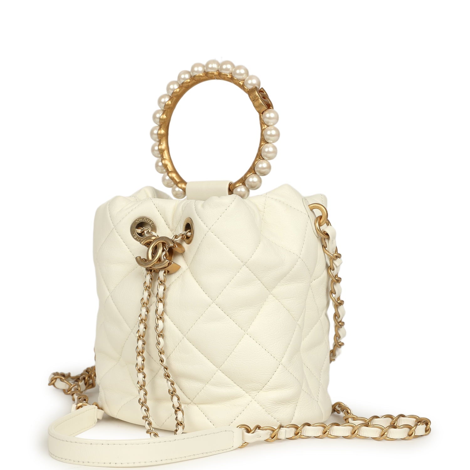 Chanel Mini Pearl Top Handle Bucket Bag White Calfskin Antique Gold Hardware