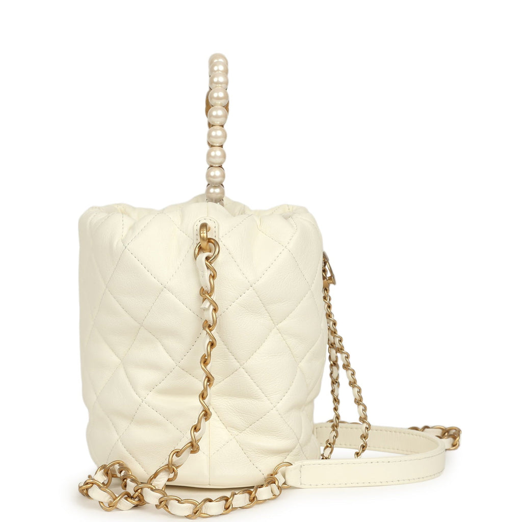 Chanel Mini Pearl Top Handle Bucket Bag White Calfskin Antique Gold Hardware