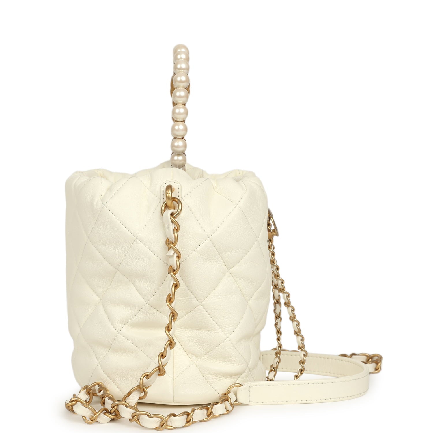 Chanel Mini Pearl Top Handle Bucket Bag White Calfskin Antique Gold Hardware
