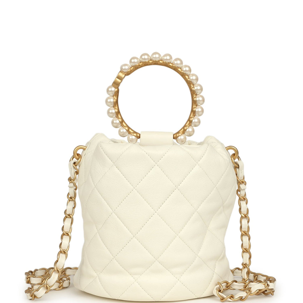 Chanel Mini Pearl Top Handle Bucket Bag White Calfskin Antique Gold Hardware