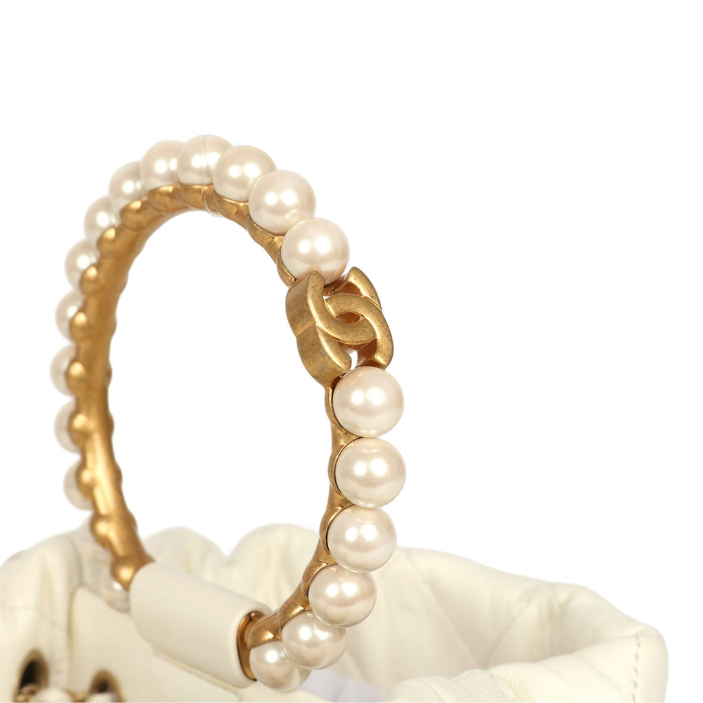 Chanel Mini Pearl Top Handle Bucket Bag White Calfskin Antique Gold Hardware