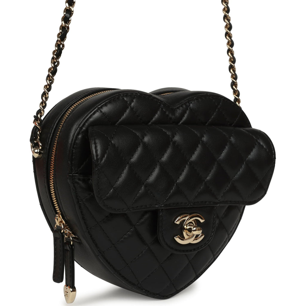 Chanel CC In Love Large Heart Bag with Chain Black Lambskin Light Gold Hardware