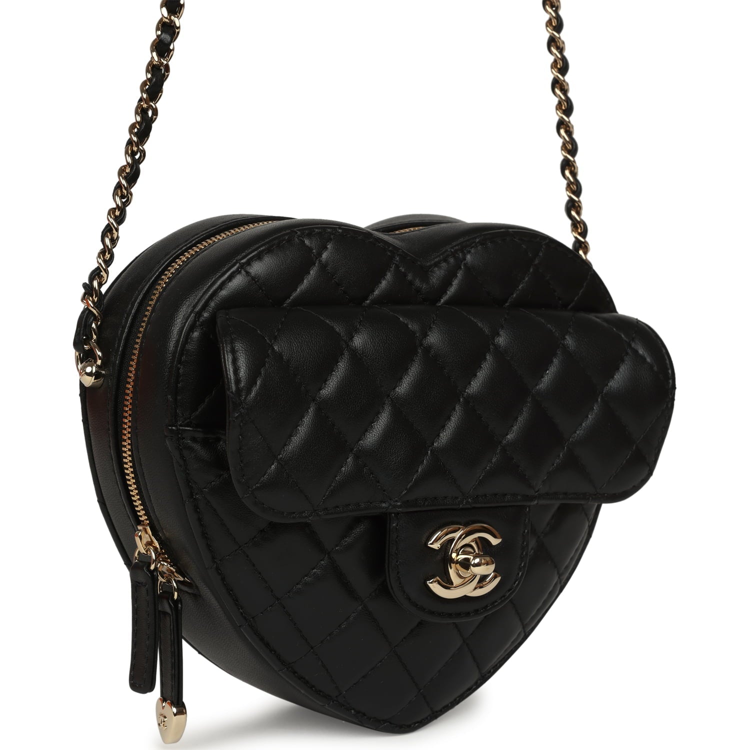 Chanel CC In Love Large Heart Bag with Chain Black Lambskin Light Gold Hardware