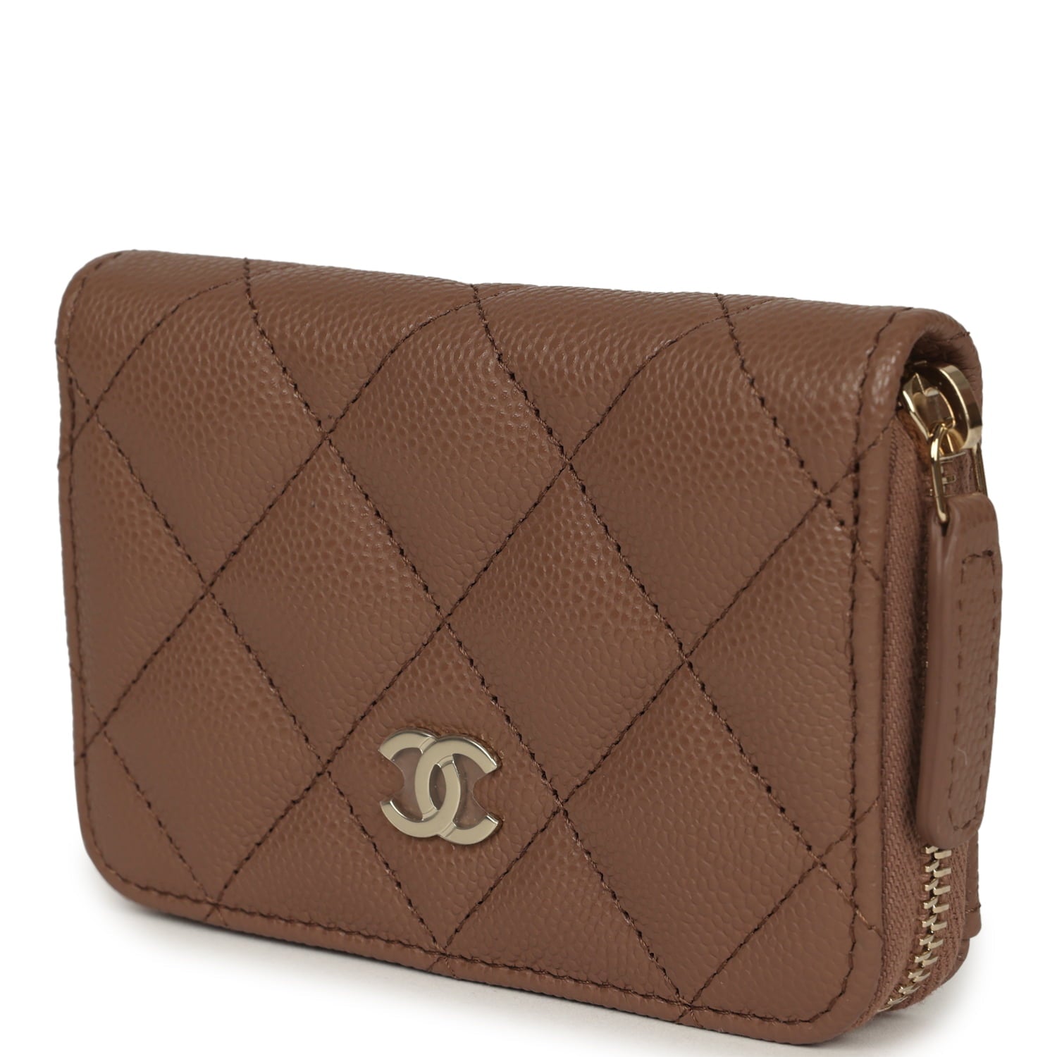 Chanel Classic Zipped Coin Purse Wallet Brown Shiny Caviar Light Gold Hardware